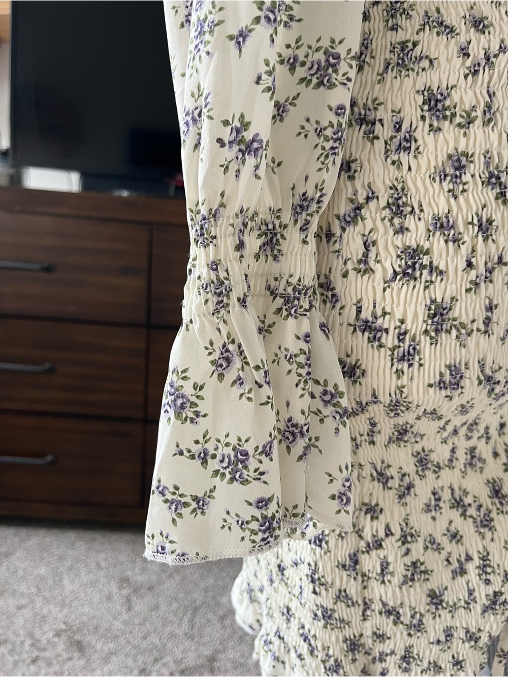 Smocked Floral Long-Sleeve Mini Dress - Cream/Purple - Picture 7 of 9